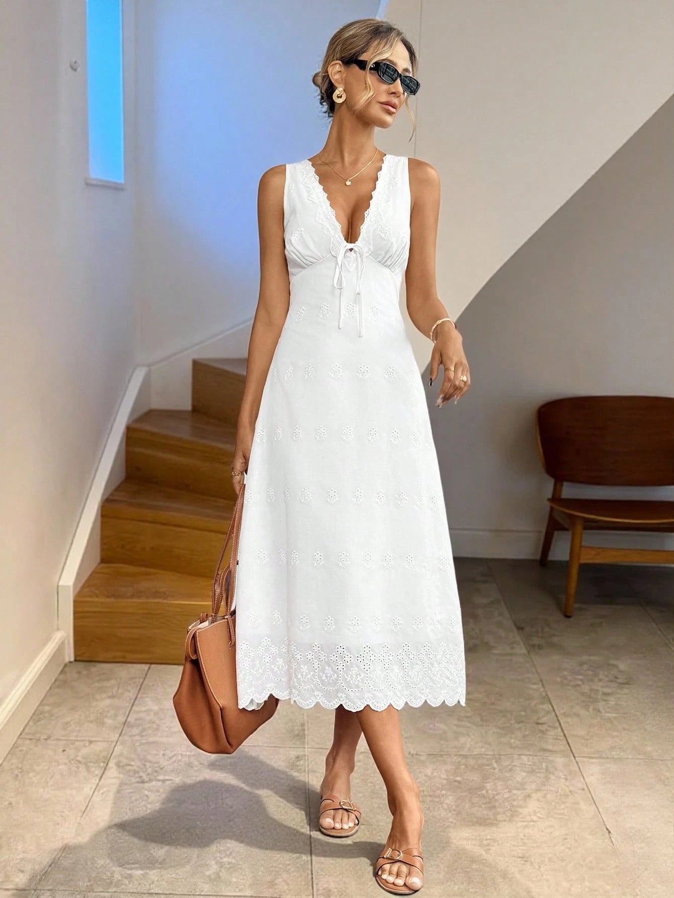 LUNE Women's White Embroidery Lace-Up Mid-Length Sleeveless Dress,Boho Summer Holiday Tea Party Eyelet Lace Trim Casual Graduation Wedding Beach Outfits