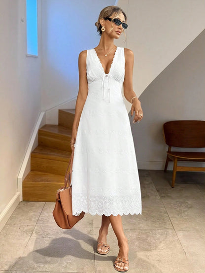 LUNE Women's White Embroidery Lace-Up Mid-Length Sleeveless Dress,Boho Summer Holiday Tea Party Eyelet Lace Trim Casual Graduation Wedding Beach Outfits