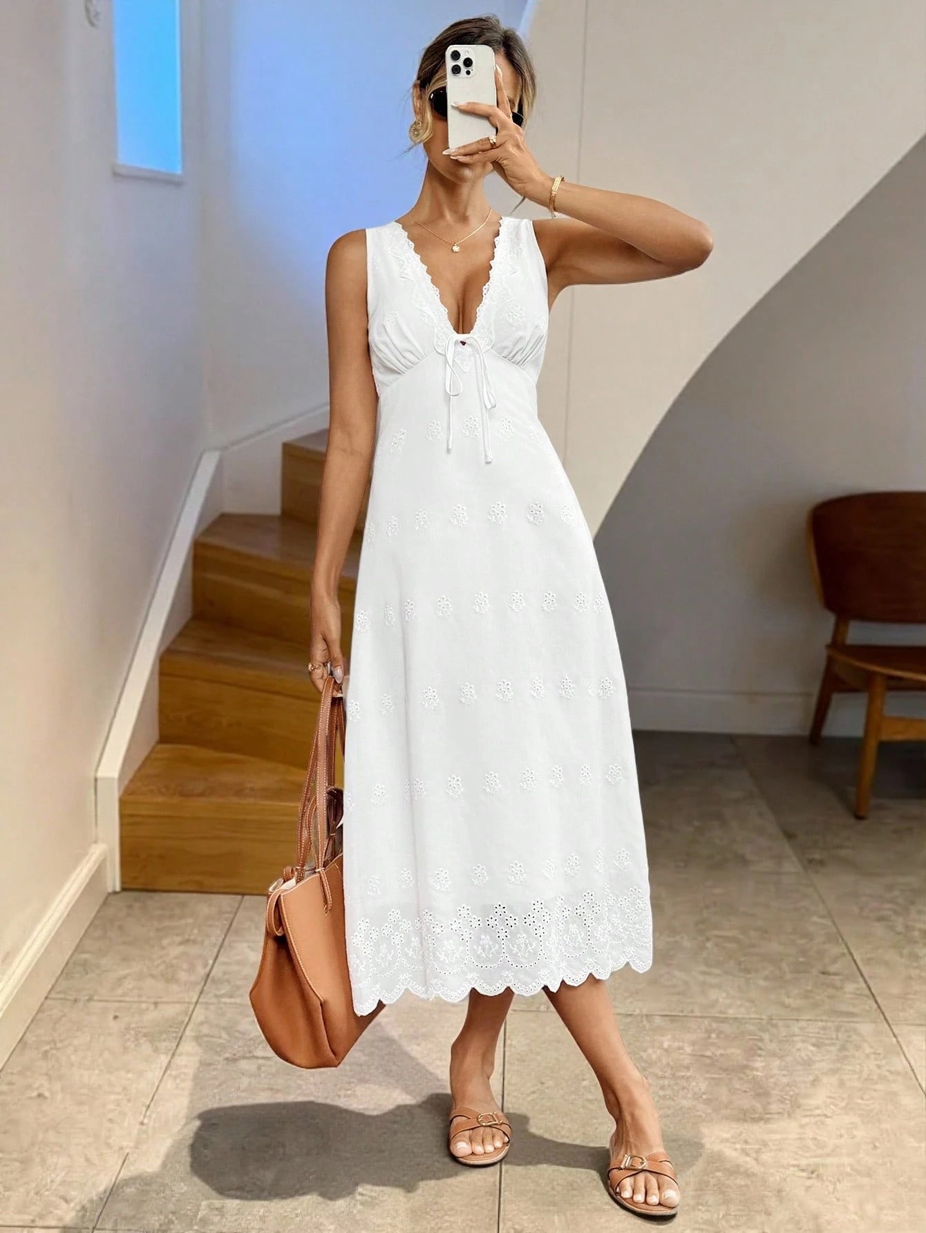 LUNE Women's White Embroidery Lace-Up Mid-Length Sleeveless Dress,Boho Summer Holiday Tea Party Eyelet Lace Trim Casual Graduation Wedding Beach Outfits