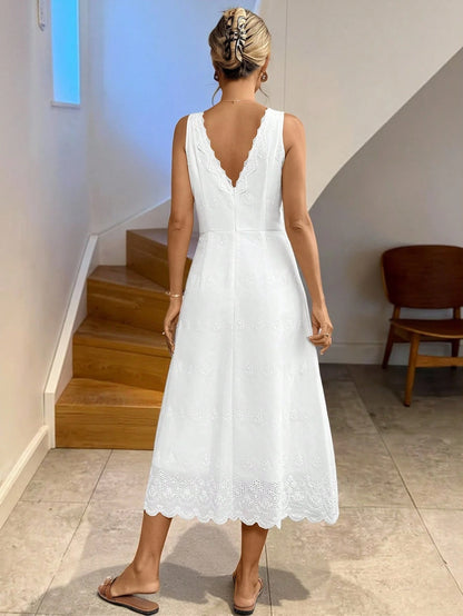 LUNE Women's White Embroidery Lace-Up Mid-Length Sleeveless Dress,Boho Summer Holiday Tea Party Eyelet Lace Trim Casual Graduation Wedding Beach Outfits
