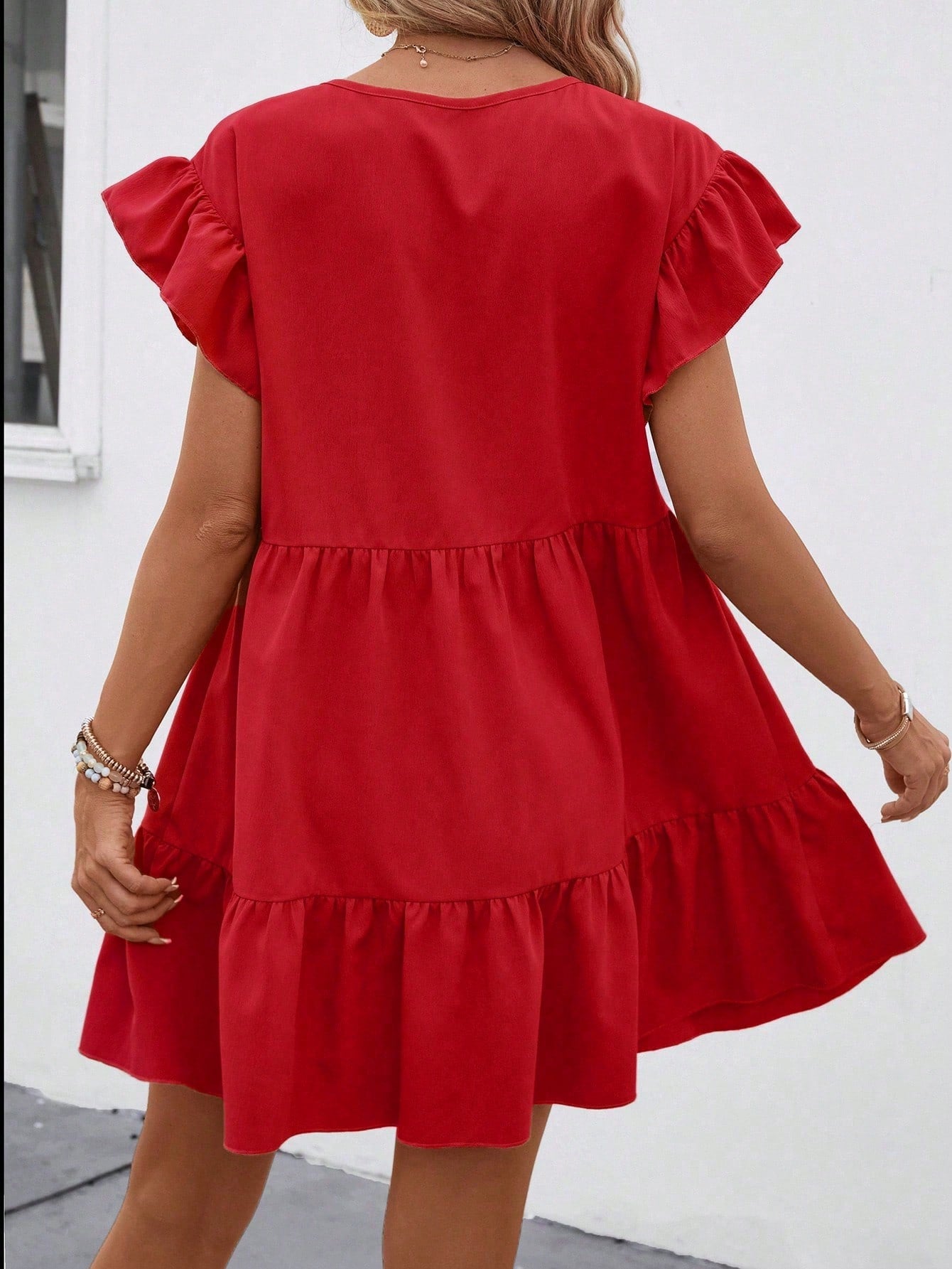 LUNE Women Summer Solid Color Round Neck Loose Babydoll Dress With Ruffle Trim Vacation Beach Outfit