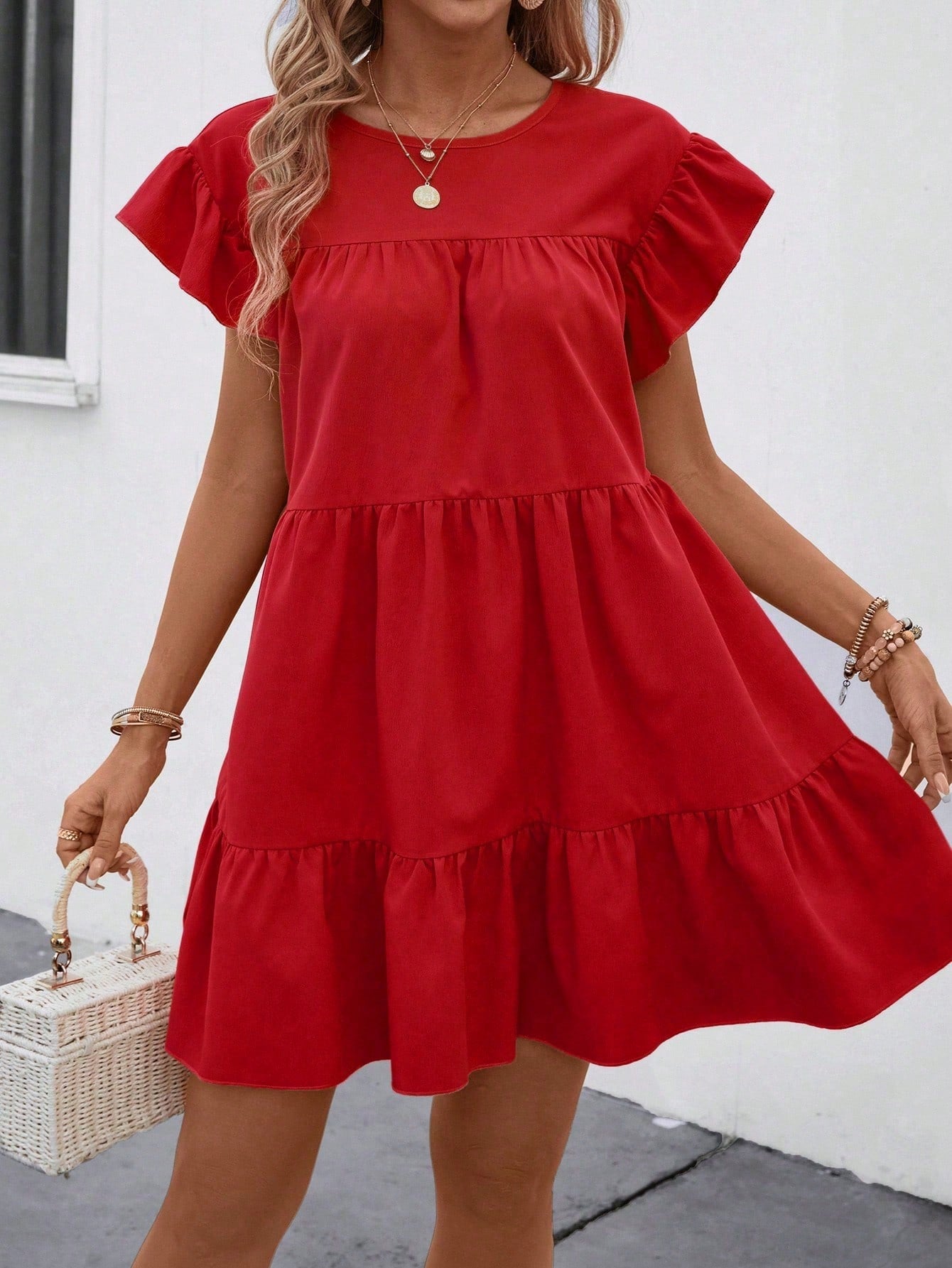 LUNE Women Summer Solid Color Round Neck Loose Babydoll Dress With Ruffle Trim Vacation Beach Outfit
