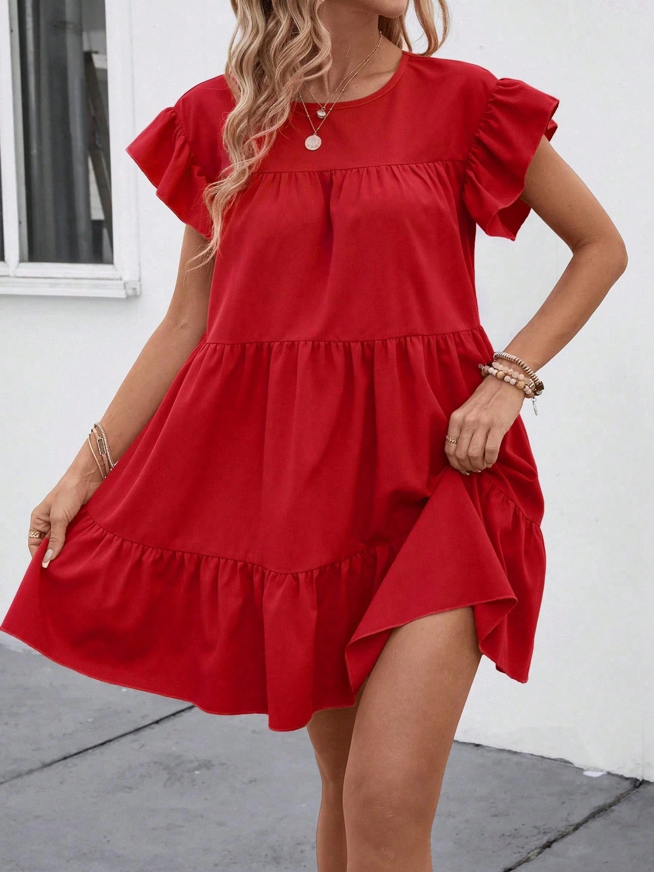 LUNE Women Summer Solid Color Round Neck Loose Babydoll Dress With Ruffle Trim Vacation Beach Outfit