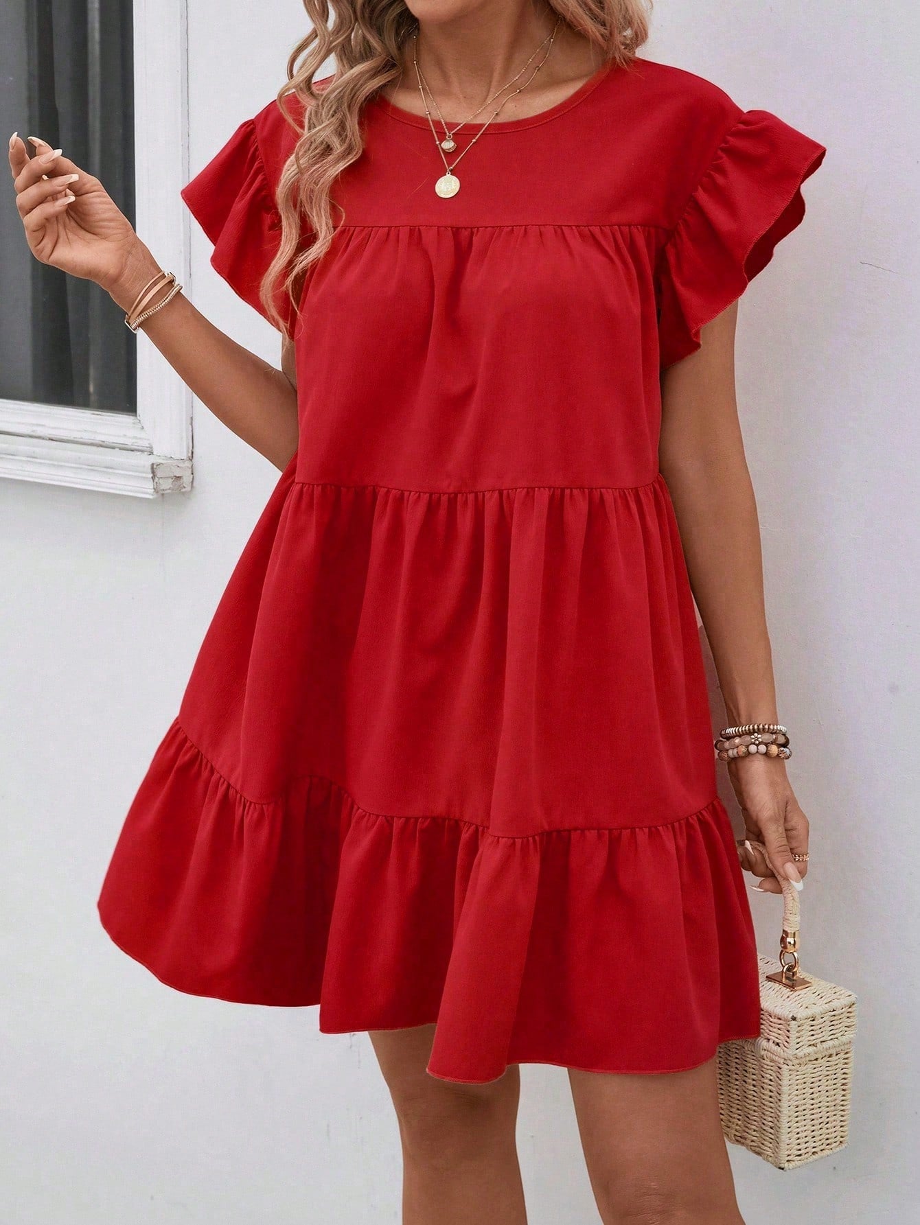 LUNE Women Summer Solid Color Round Neck Loose Babydoll Dress With Ruffle Trim Vacation Beach Outfit