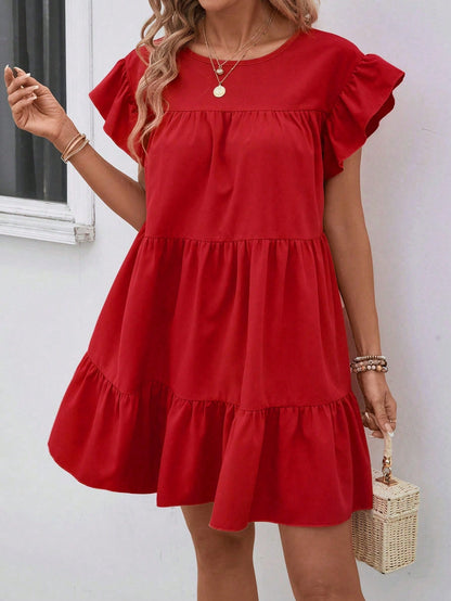 LUNE Women Summer Solid Color Round Neck Loose Babydoll Dress With Ruffle Trim Vacation Beach Outfit