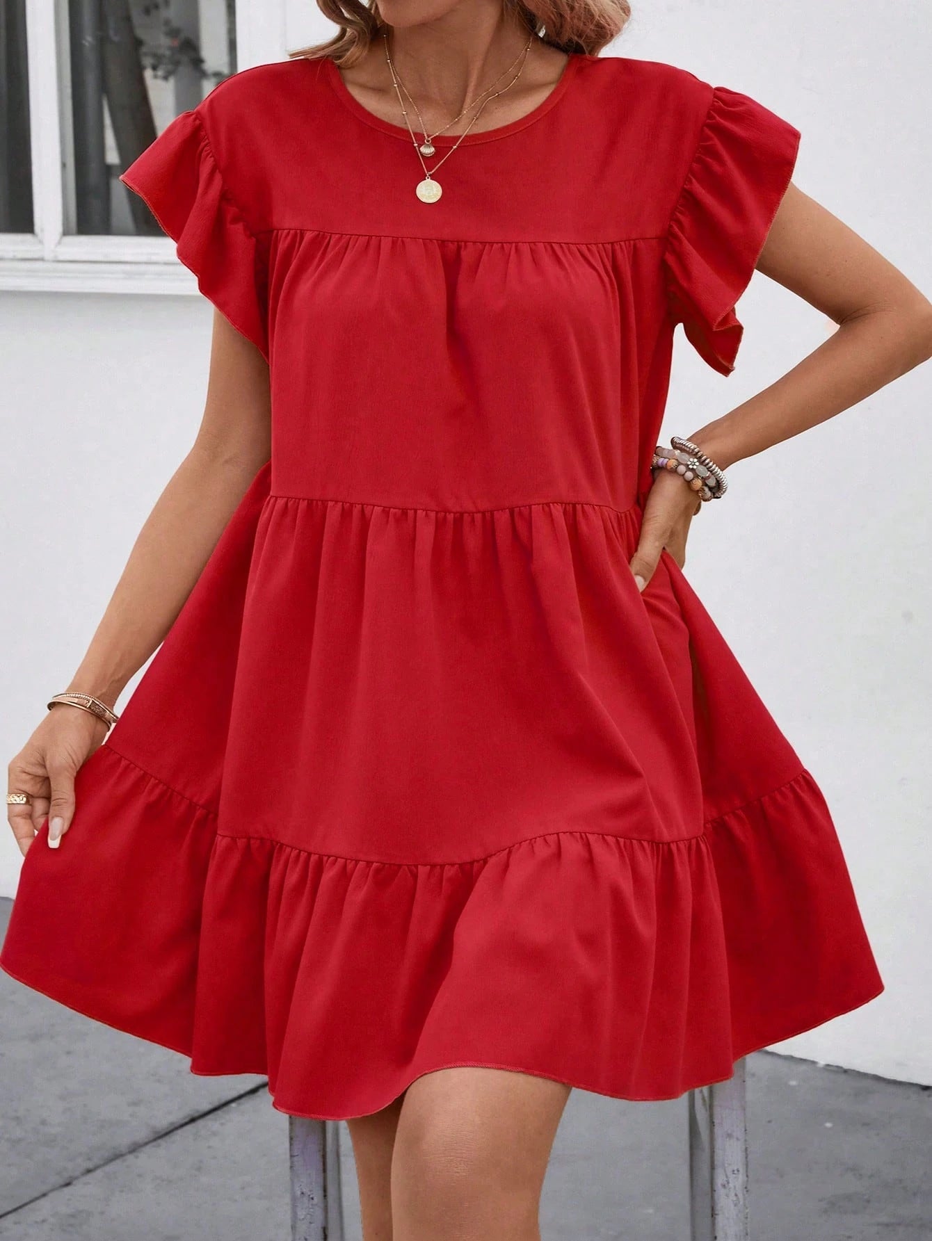 LUNE Women Summer Solid Color Round Neck Loose Babydoll Dress With Ruffle Trim Vacation Beach Outfit