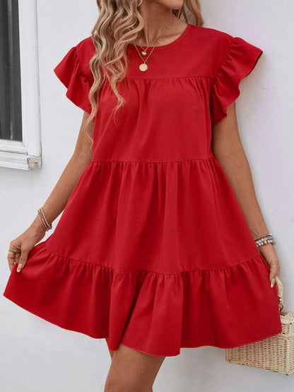 LUNE Women Summer Solid Color Round Neck Loose Babydoll Dress With Ruffle Trim Vacation Beach Outfit