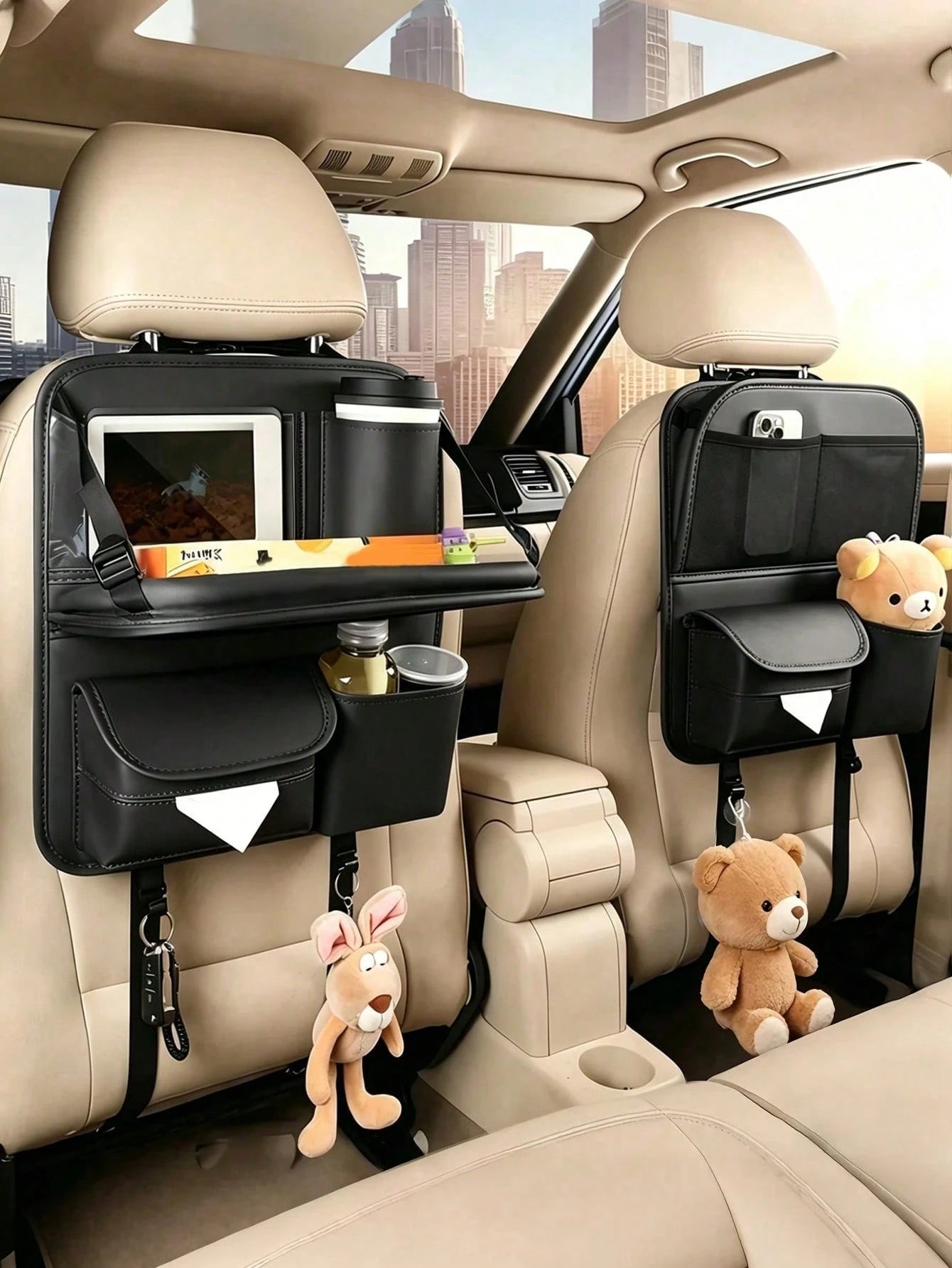 Luxury Car Seat Back Storage Bag With Foldable Tray, Tablet Holder, Tissue Box And Trash Bag, Multi-Pocket Design, Durable PU Leather, Fits Most Front Car Seats
