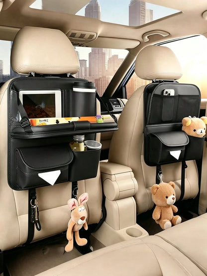 Luxury Car Seat Back Storage Bag With Foldable Tray, Tablet Holder, Tissue Box And Trash Bag, Multi-Pocket Design, Durable PU Leather, Fits Most Front Car Seats