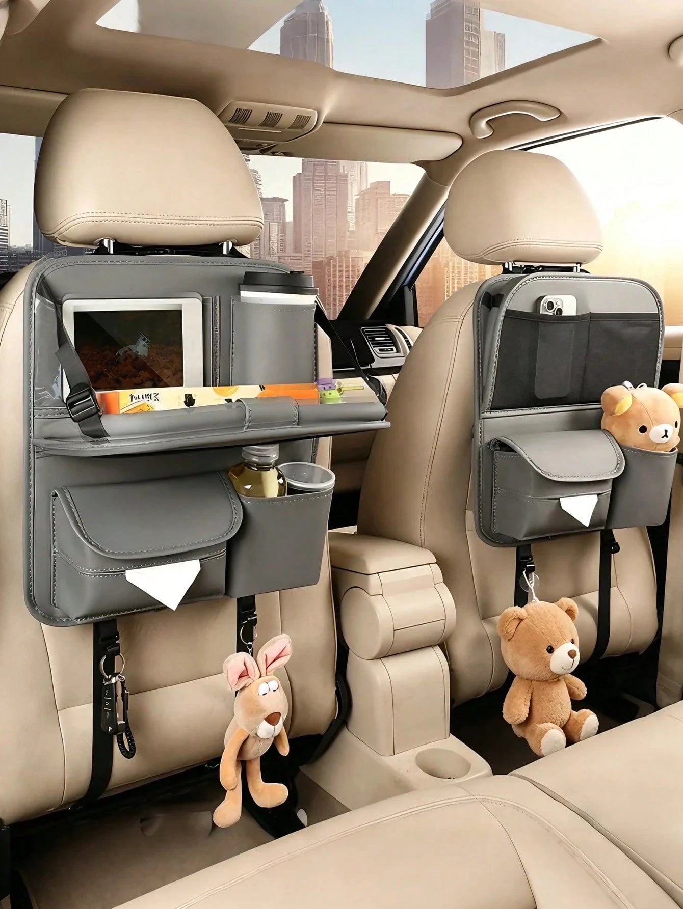 Luxury Car Seat Back Storage Bag With Foldable Tray, Tablet Holder, Tissue Box And Trash Bag, Multi-Pocket Design, Durable PU Leather, Fits Most Front Car Seats