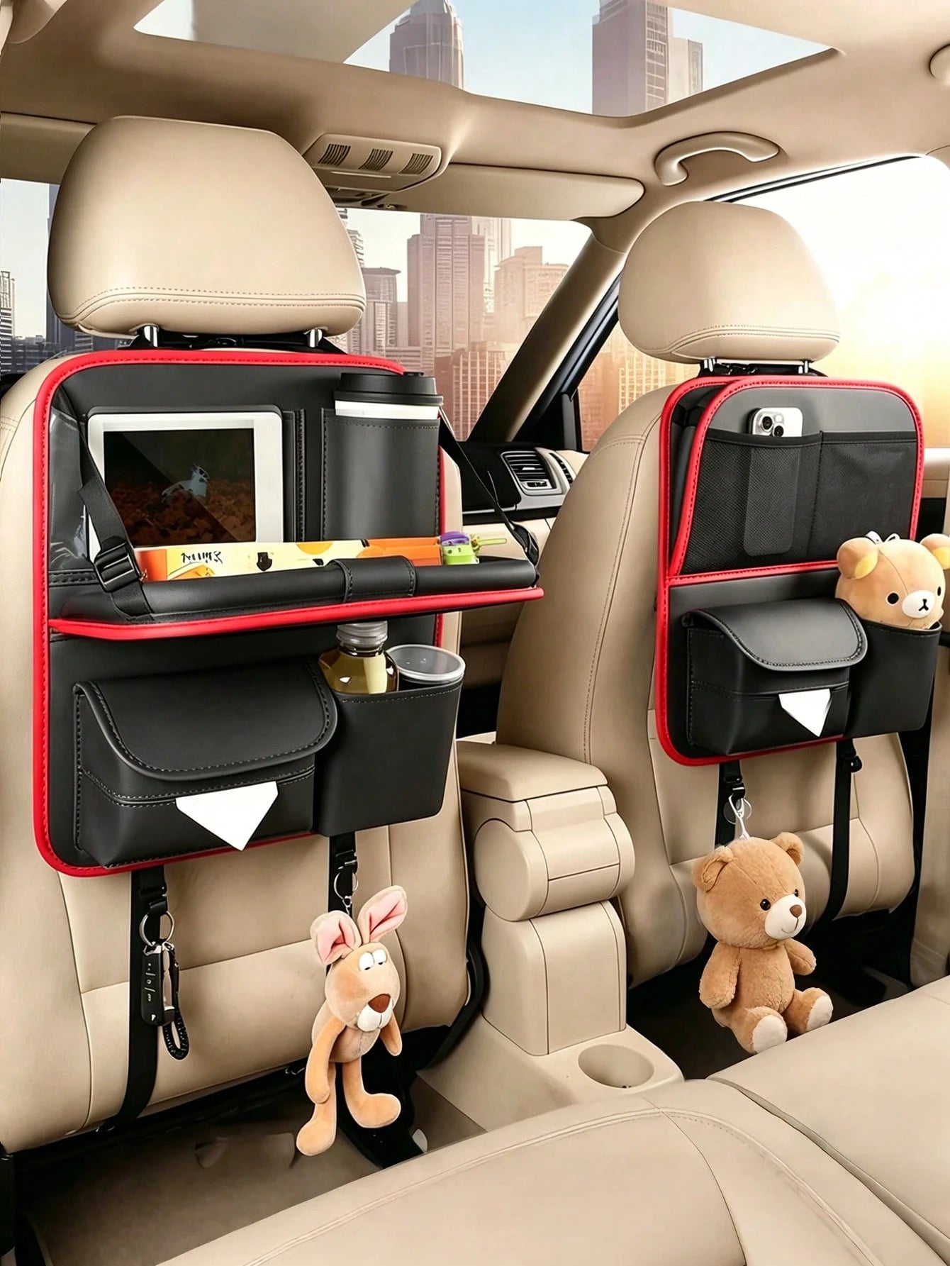 Luxury Car Seat Back Storage Bag With Foldable Tray, Tablet Holder, Tissue Box And Trash Bag, Multi-Pocket Design, Durable PU Leather, Fits Most Front Car Seats