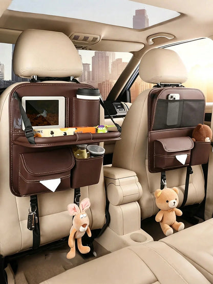 Luxury Car Seat Back Storage Bag With Foldable Tray, Tablet Holder, Tissue Box And Trash Bag, Multi-Pocket Design, Durable PU Leather, Fits Most Front Car Seats