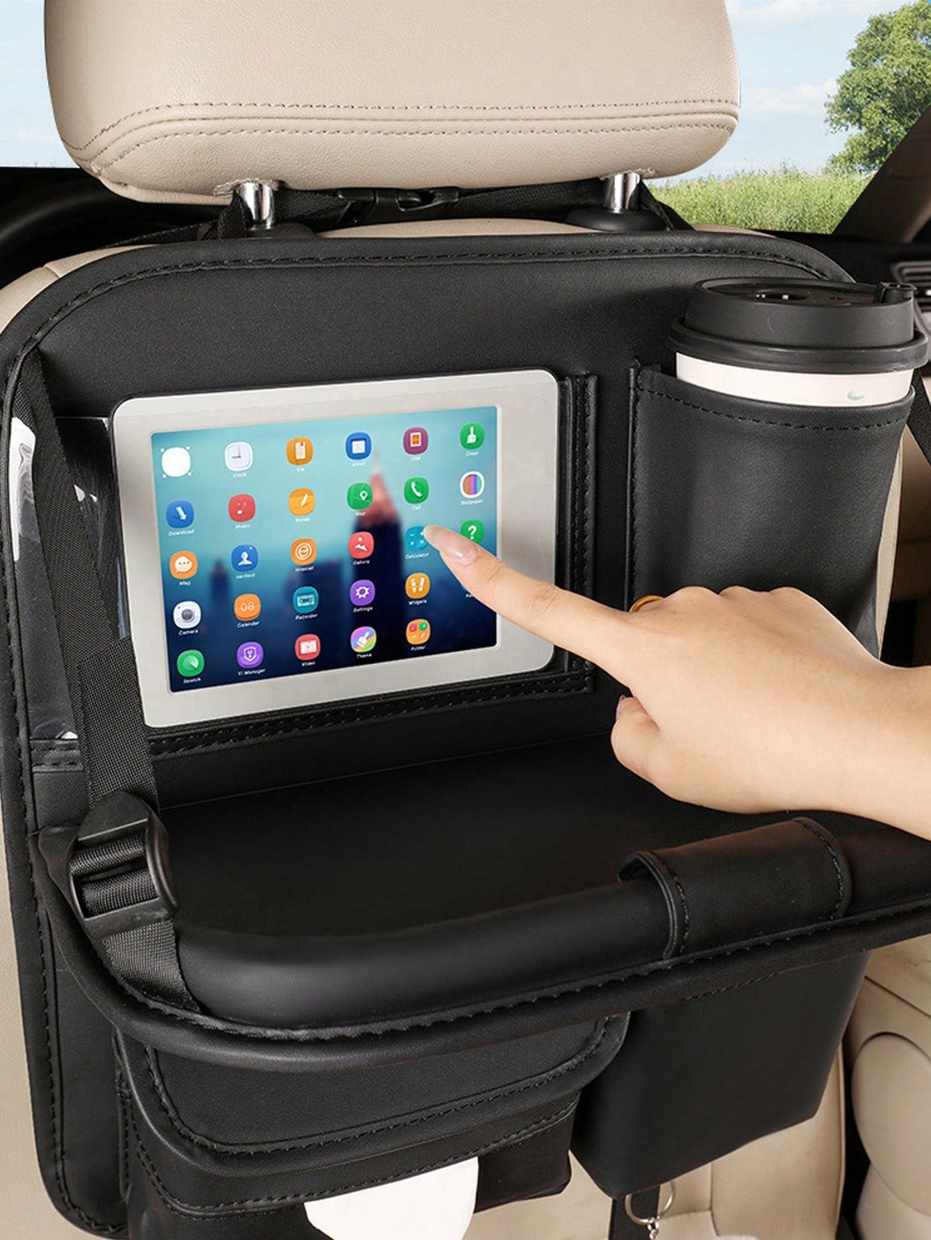 Luxury Car Seat Back Storage Bag With Foldable Tray, Tablet Holder, Tissue Box And Trash Bag, Multi-Pocket Design, Durable PU Leather, Fits Most Front Car Seats