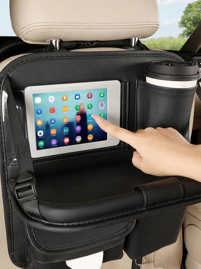 Luxury Car Seat Back Storage Bag With Foldable Tray, Tablet Holder, Tissue Box And Trash Bag, Multi-Pocket Design, Durable PU Leather, Fits Most Front Car Seats