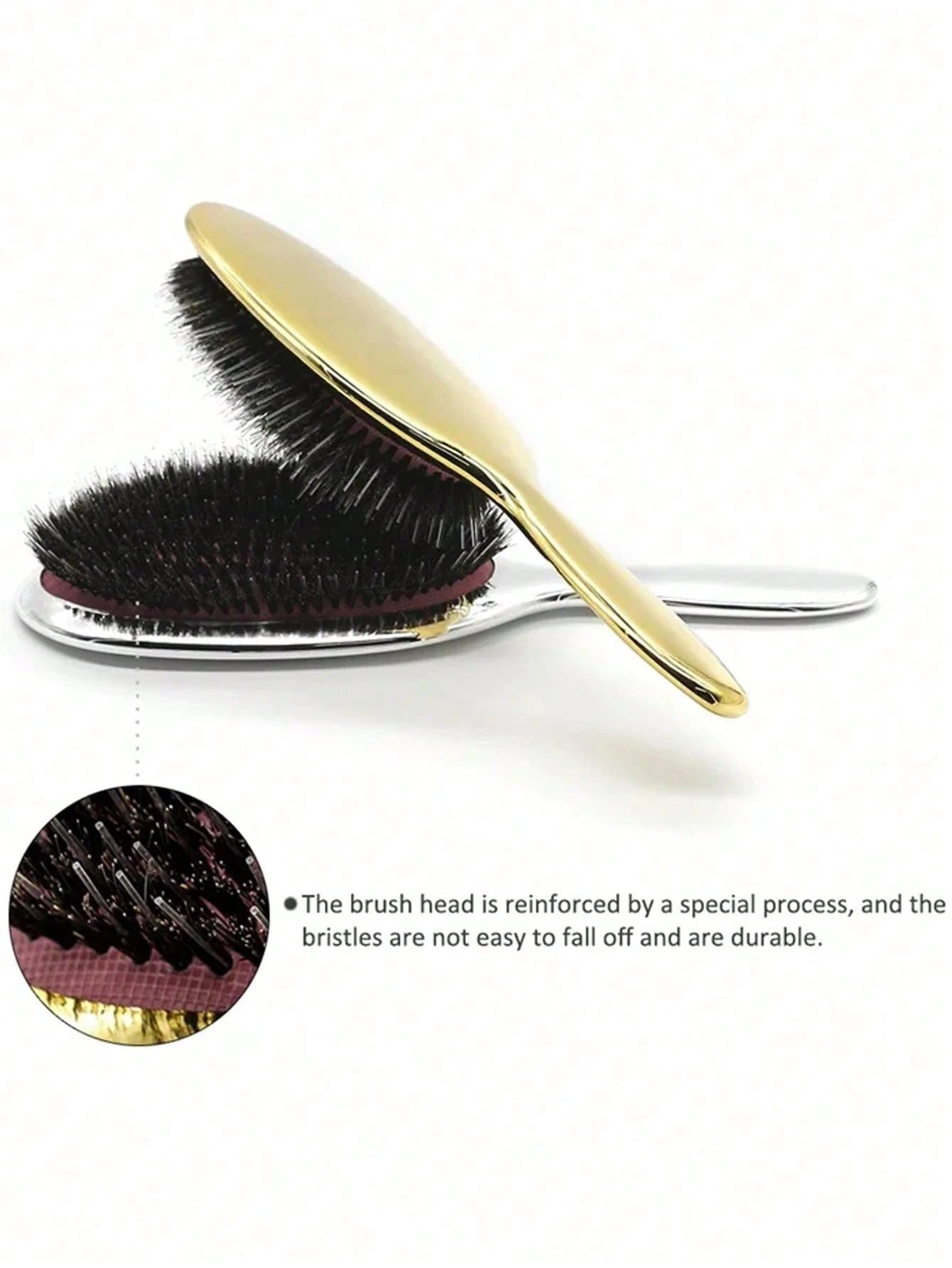 Luxury Gold & Silver Boar Bristle Flat Hairbrush, Oval Hairbrush, Hair Massage Comb, Back To School, Travel & Vacation Essential