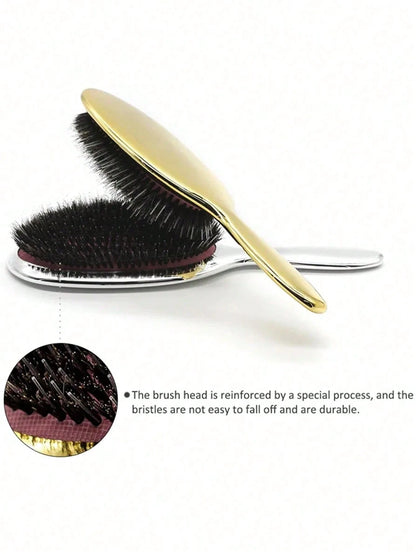 Luxury Gold & Silver Boar Bristle Flat Hairbrush, Oval Hairbrush, Hair Massage Comb, Back To School, Travel & Vacation Essential