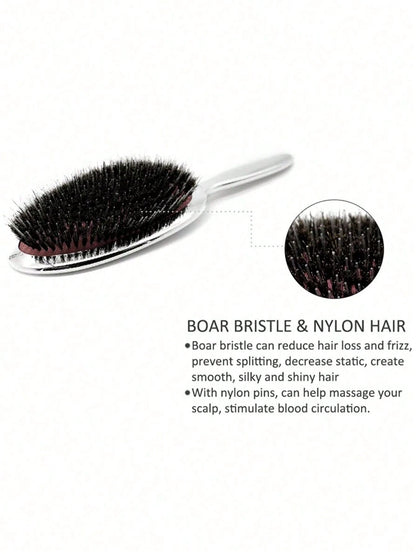 Luxury Gold & Silver Boar Bristle Flat Hairbrush, Oval Hairbrush, Hair Massage Comb, Back To School, Travel & Vacation Essential