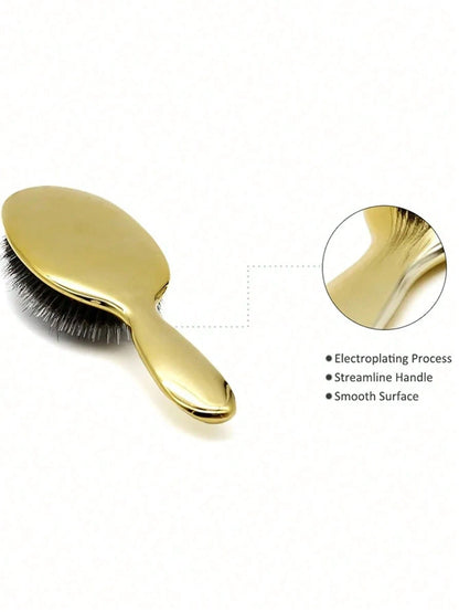 Luxury Gold & Silver Boar Bristle Flat Hairbrush, Oval Hairbrush, Hair Massage Comb, Back To School, Travel & Vacation Essential
