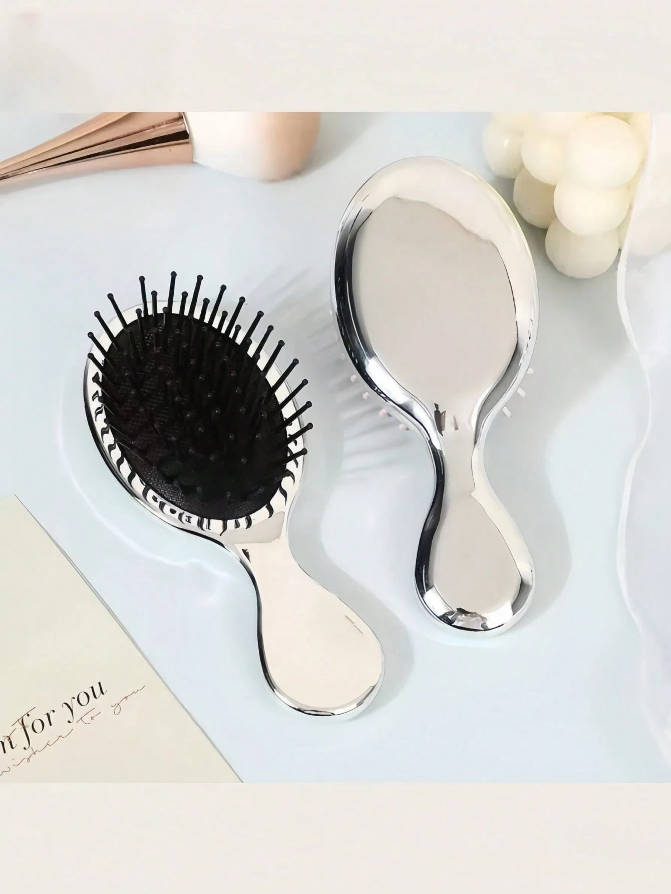 Luxury Gold & Silver Boar Bristle Flat Hairbrush, Oval Hairbrush, Hair Massage Comb, Back To School, Travel & Vacation Essential