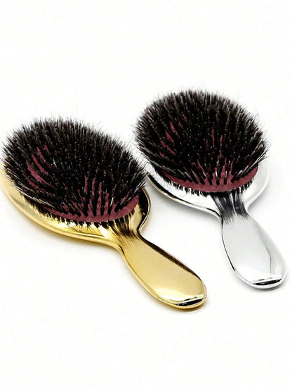 Luxury Gold & Silver Boar Bristle Flat Hairbrush, Oval Hairbrush, Hair Massage Comb, Back To School, Travel & Vacation Essential