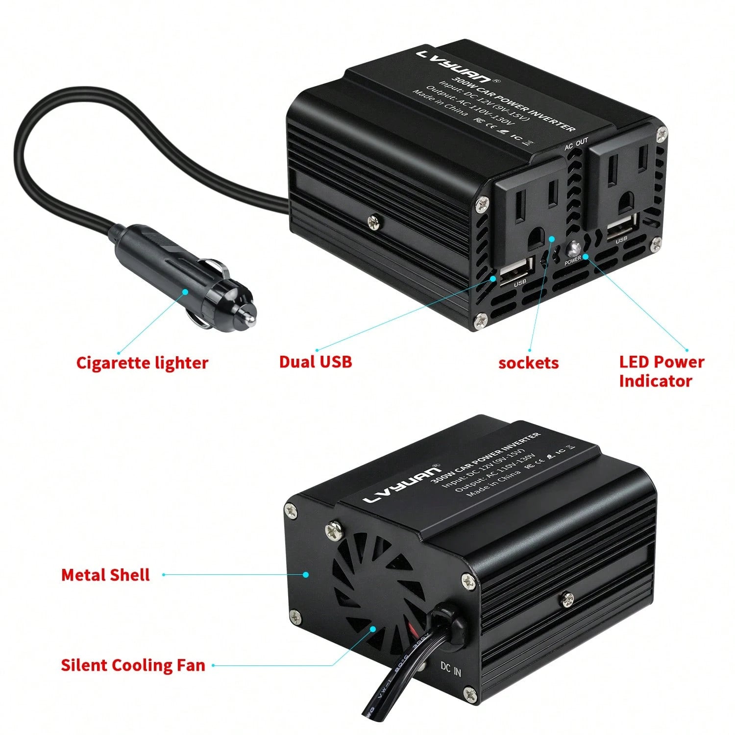 LVYUAN 300W Power Inverter For Vehicles, 12V DC To 110V AC Car Plug Adapter Outlet Converter 6.2A Dual USB Charging Ports Car Truck RV Inverter For Road Trips, Red