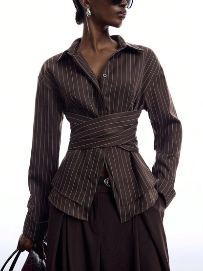 LYSMO 2026 New Arrive Minimalism Women's Striped Pleated Casual Versatile Daily Commute Shirt Work Outfits For Women