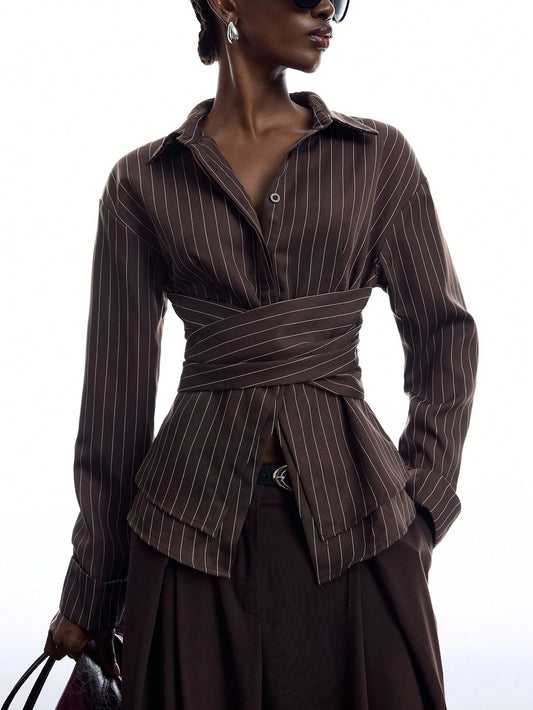 LYSMO 2026 New Arrive Minimalism Women's Striped Pleated Casual Versatile Daily Commute Shirt Work Outfits For Women