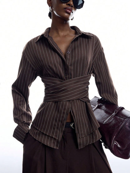LYSMO 2026 New Arrive Minimalism Women's Striped Pleated Casual Versatile Daily Commute Shirt Work Outfits For Women
