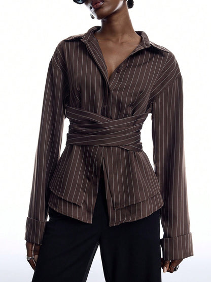 LYSMO 2026 New Arrive Minimalism Women's Striped Pleated Casual Versatile Daily Commute Shirt Work Outfits For Women
