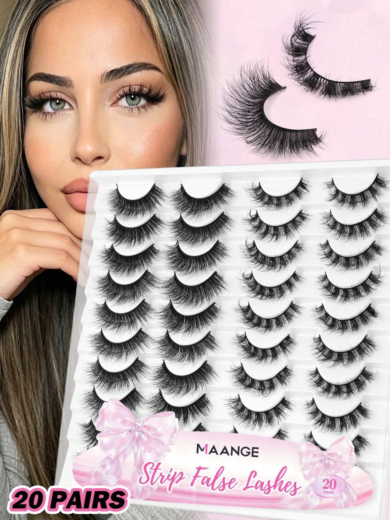 MAANGE 20 Pairs Large Capacity Mixed Style False Eyelashes Set, Cat Eye Cartoon Lashes, Lightweight Airy Fluffy 3D Voluminous Soft Full Strip Lashes, Natural Bold Makeup Versatile Multi-Style, Strip L
