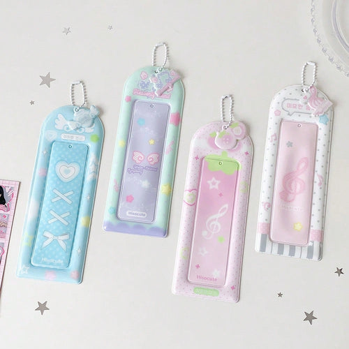 Macaron Gradient Long Card Holder, Korean Style 4-Grid Photo Protector With Chain And Pendant, Photocard Holder