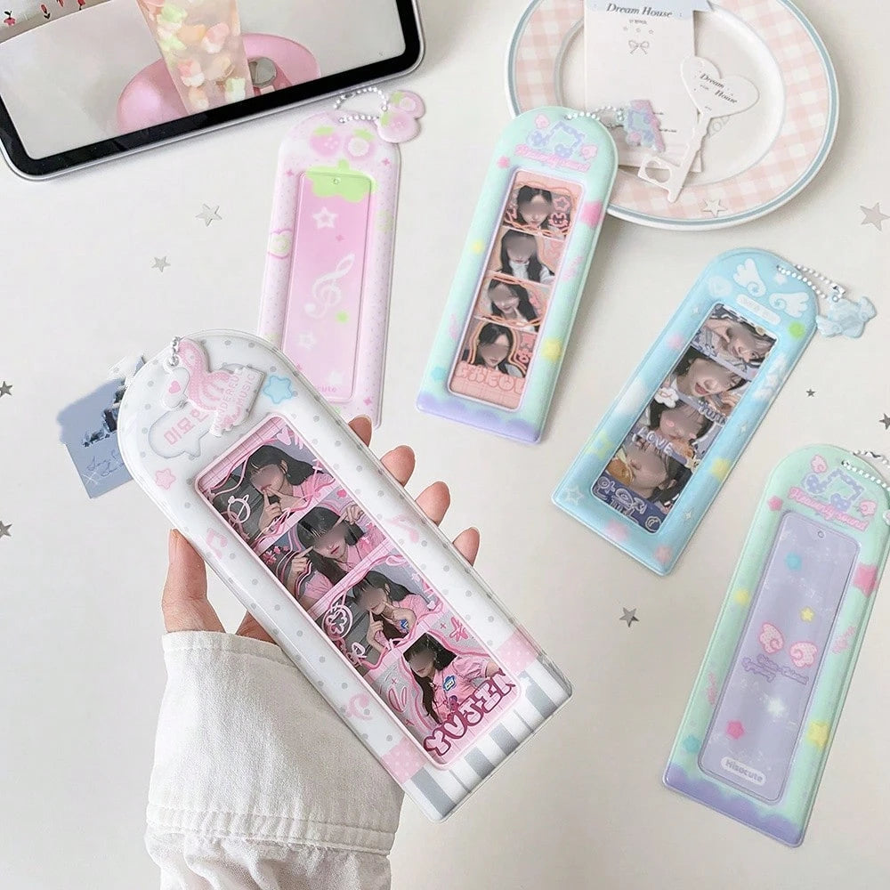 Macaron Gradient Long Card Holder, Korean Style 4-Grid Photo Protector With Chain And Pendant, Photocard Holder