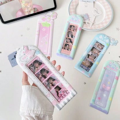 Macaron Gradient Long Card Holder, Korean Style 4-Grid Photo Protector With Chain And Pendant, Photocard Holder