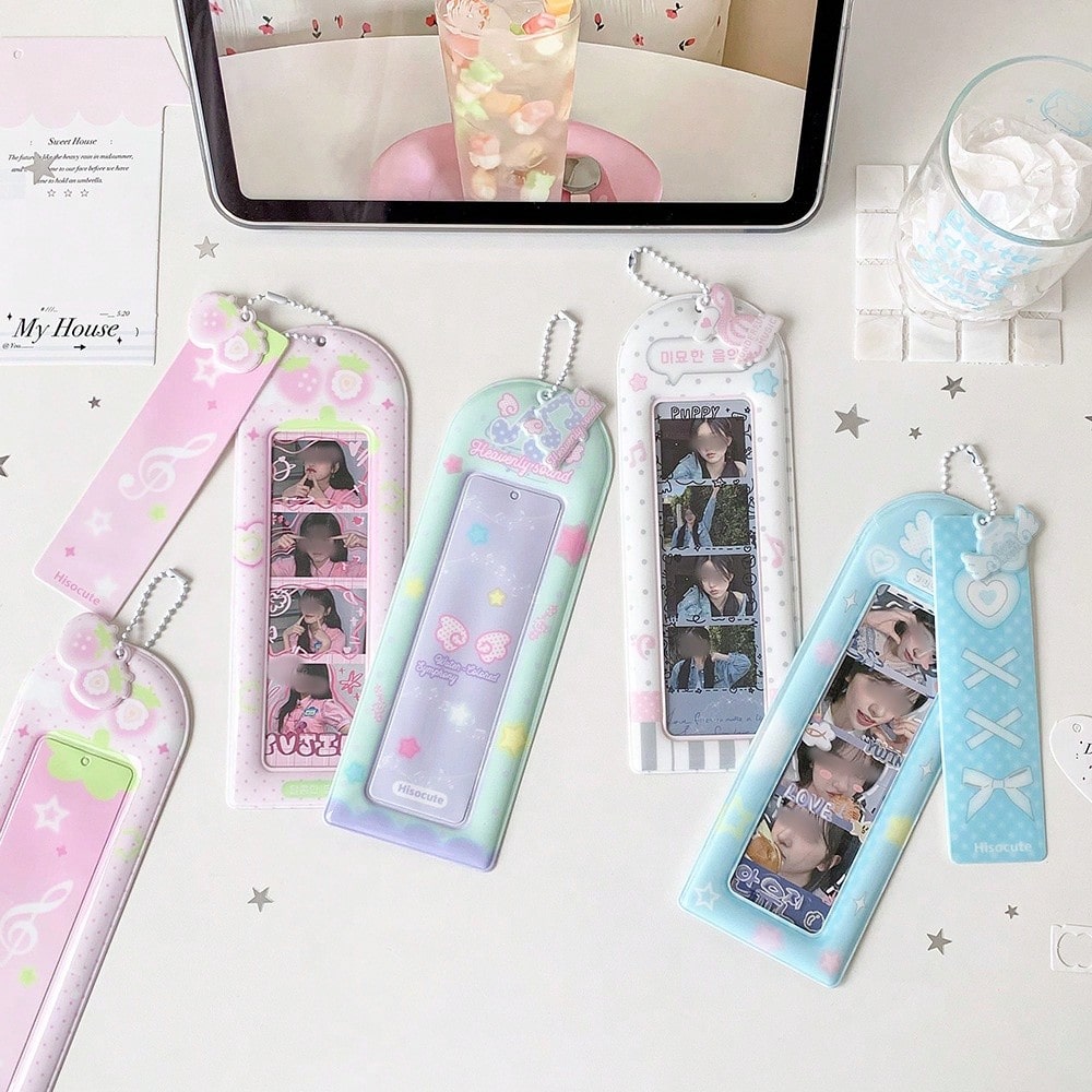 Macaron Gradient Long Card Holder, Korean Style 4-Grid Photo Protector With Chain And Pendant, Photocard Holder