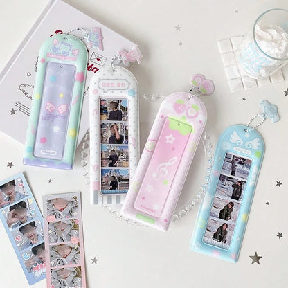 Macaron Gradient Long Card Holder, Korean Style 4-Grid Photo Protector With Chain And Pendant, Photocard Holder