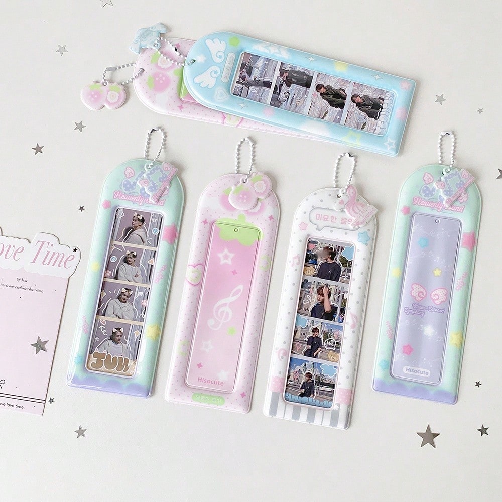 Macaron Gradient Long Card Holder, Korean Style 4-Grid Photo Protector With Chain And Pendant, Photocard Holder