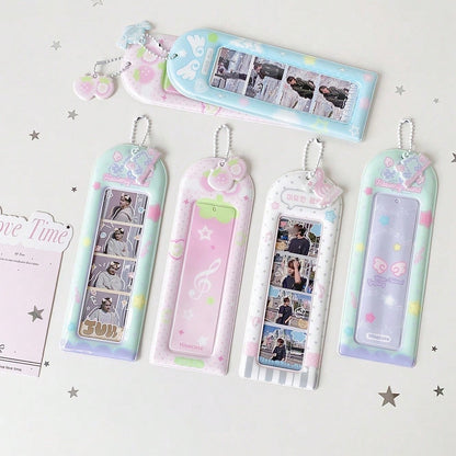 Macaron Gradient Long Card Holder, Korean Style 4-Grid Photo Protector With Chain And Pendant, Photocard Holder