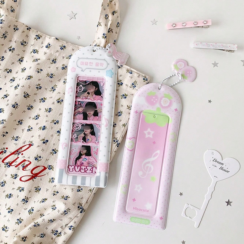 Macaron Gradient Long Card Holder, Korean Style 4-Grid Photo Protector With Chain And Pendant, Photocard Holder