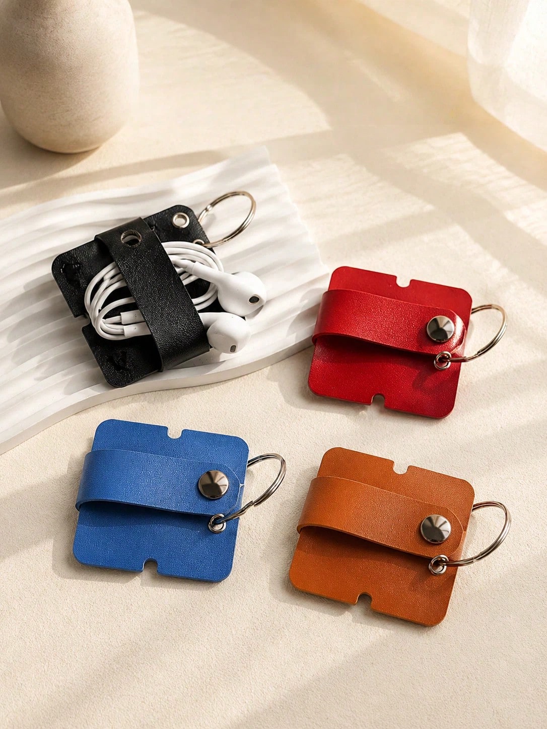 Madebyblanc PU Leather Cable Organizer, Snap Button USB Cord Winder & Earphone Wire Holder, Portable Cable Tie For Charging Cables, Headphones, Data Cords, Desk, Bag, Travel, Office, Daily Storage, Bi