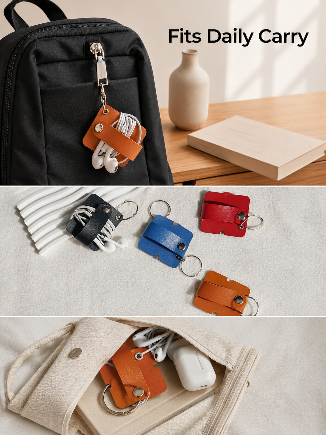Madebyblanc PU Leather Cable Organizer, Snap Button USB Cord Winder & Earphone Wire Holder, Portable Cable Tie For Charging Cables, Headphones, Data Cords, Desk, Bag, Travel, Office, Daily Storage, Bi