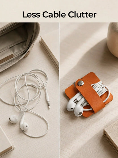 Madebyblanc PU Leather Cable Organizer, Snap Button USB Cord Winder & Earphone Wire Holder, Portable Cable Tie For Charging Cables, Headphones, Data Cords, Desk, Bag, Travel, Office, Daily Storage, Bi