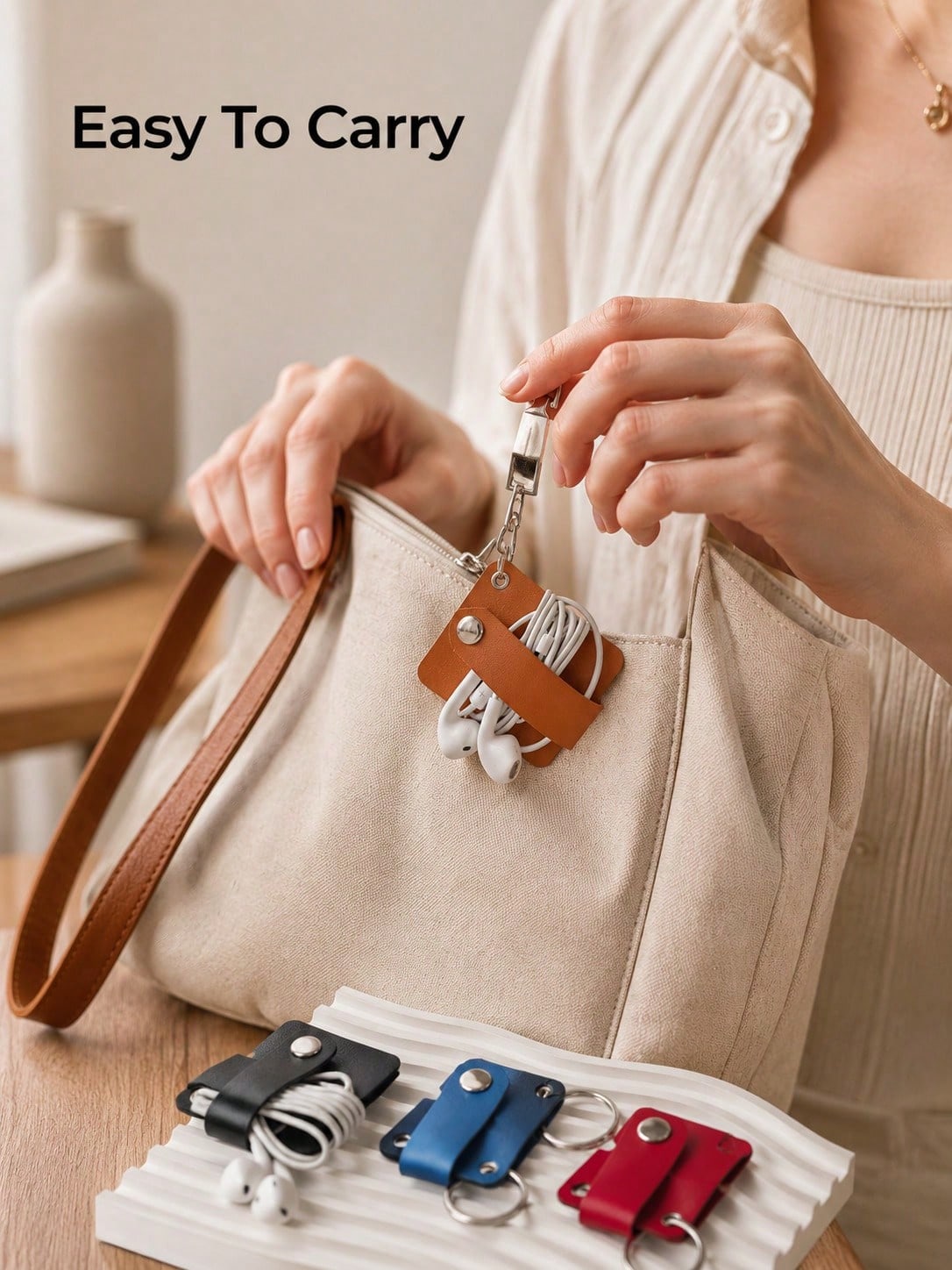 Madebyblanc PU Leather Cable Organizer, Snap Button USB Cord Winder & Earphone Wire Holder, Portable Cable Tie For Charging Cables, Headphones, Data Cords, Desk, Bag, Travel, Office, Daily Storage, Bi