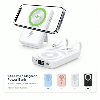 Magnetic Wireless Fast Charger 10000mAh Power Bank, Foldable Phone Stand Built-In Dual Cables LED Digital Battery Level Indicator, Camping Gear College Essentials Back To School Gear For Android Smart