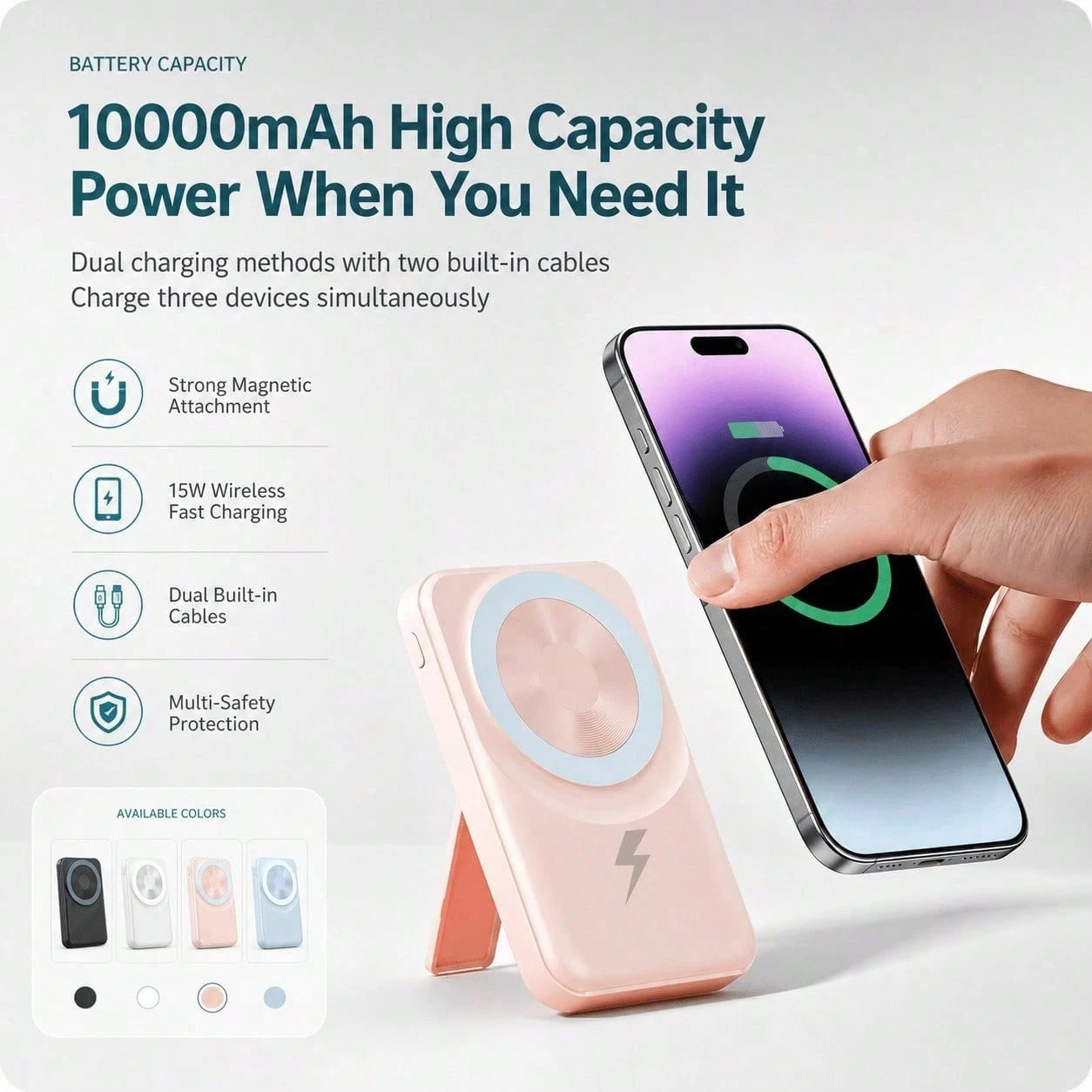 Magnetic Wireless Fast Charger 10000mAh Power Bank, Foldable Phone Stand Built-In Dual Cables LED Digital Battery Level Indicator, Camping Gear College Essentials Back To School Gear For Android Smart