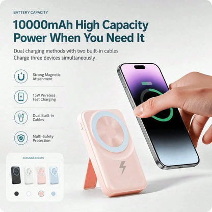 Magnetic Wireless Fast Charger 10000mAh Power Bank, Foldable Phone Stand Built-In Dual Cables LED Digital Battery Level Indicator, Camping Gear College Essentials Back To School Gear For Android Smart