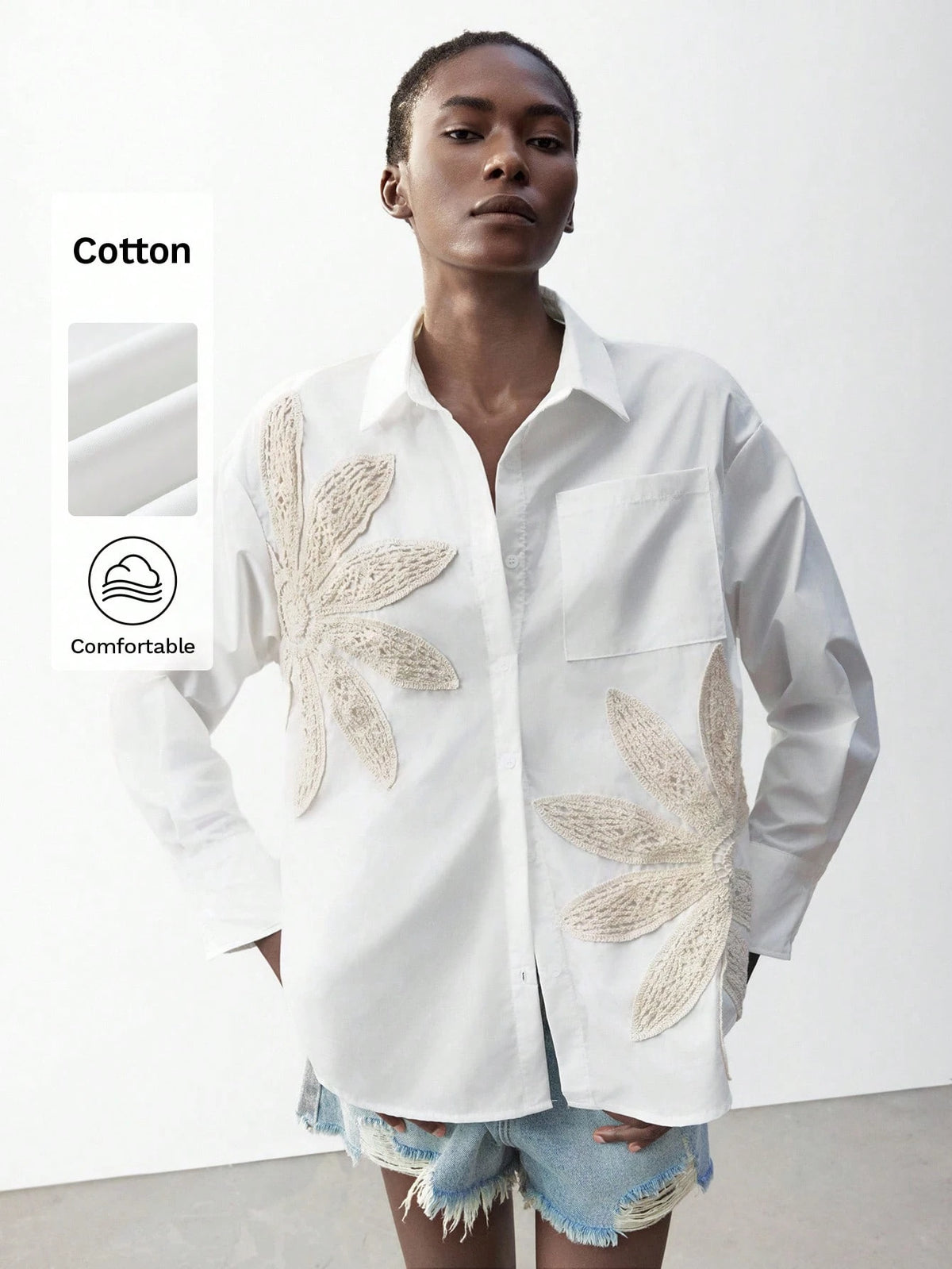 Maija Women's Apricot Crochet Decorated Casual Loose Blouse, White Floral, Summer, Casual Chic Shirt For Music Festivals, Ibiza Holidays Autumn Halloween