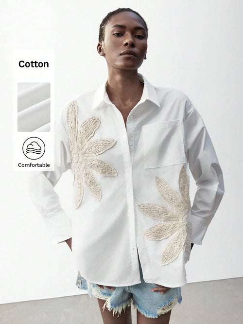Maija Women's Apricot Crochet Decorated Casual Loose Blouse, White Floral, Summer, Casual Chic Shirt For Music Festivals, Ibiza Holidays Autumn Halloween