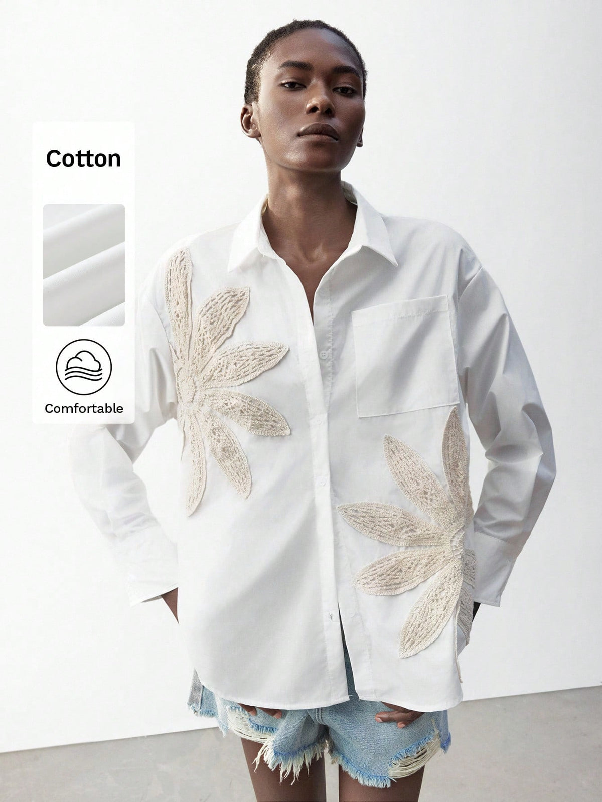 Maija Women's Apricot Crochet Decorated Casual Loose Blouse, White Floral, Summer, Casual Chic Shirt For Music Festivals, Ibiza Holidays Autumn Halloween