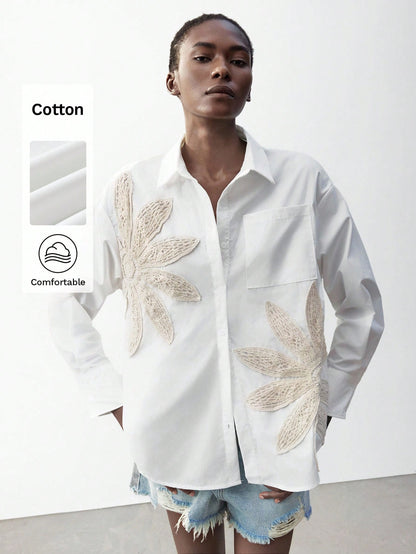 Maija Women's Apricot Crochet Decorated Casual Loose Blouse, White Floral, Summer, Casual Chic Shirt For Music Festivals, Ibiza Holidays Autumn Halloween