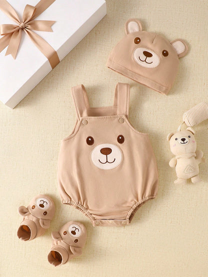 Maillard Style Brown Bear Bodysuit Set, Includes Overalls, Matching Hat, And Shoes- 3 Pieces Set, Cupid Pick, Soft & Cute Outfit For Newborn Photo Shoot, 100 Days, 1st Birthday